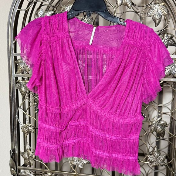 Free People Pink Sheer Ruffle Top - Size Large - Worn Once - Picture 1 of 4